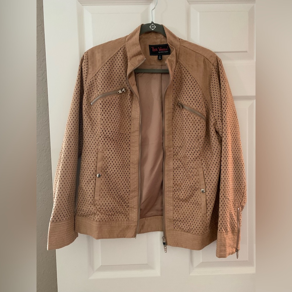 Marlo Thomas Faux Suede Perforated Moto Jacket That WOMAN!